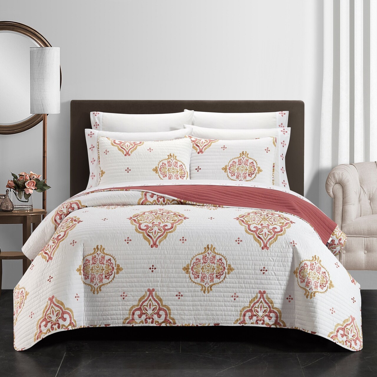 Chic Home Palm Spring 9 or 6 Piece Quilt Set Watercolor Floral Pattern Print Bed In A Bag